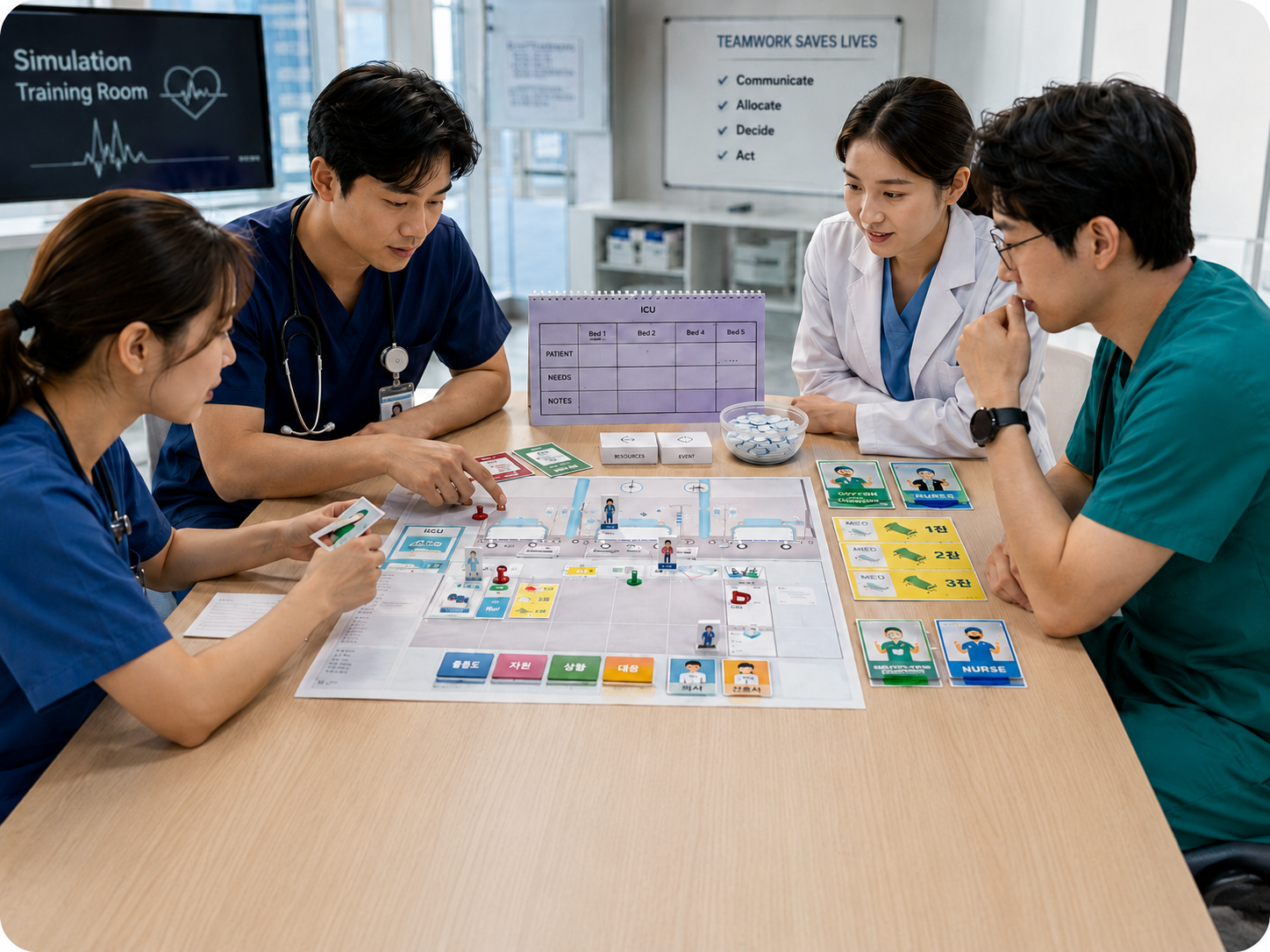 Physical board-game prototype and hospital ward training components